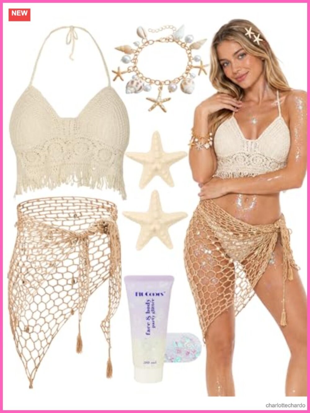 6pc Mermaid Costume Accessory Set Crochet Bikini Top Shell Net Skirt Gold